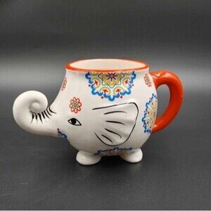 Elephant Coffee Cup Mug Hand Painted Ceramic 3D Trunk Lucky Trunk Up